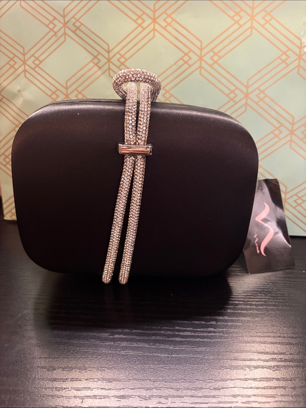 Nina Black Satin Evening Clutch with Rhinestone Knot